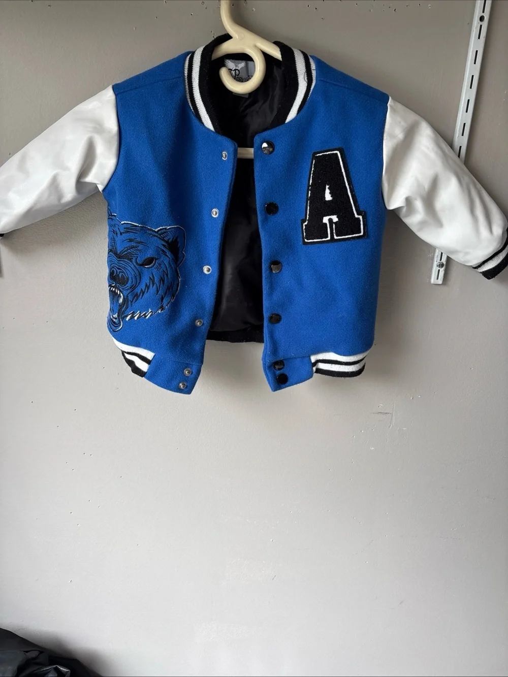 CP Dry Goods Blue and White Kids' Letterman Jacket with Bear Patch